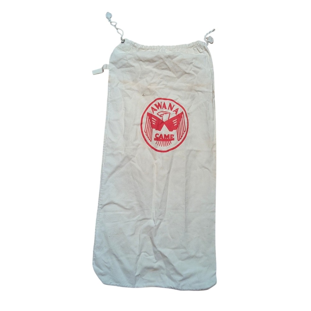 Vintage Awana Camp Drawstring Laundry Bag Cotton Canvas Red Logo Eagle Graphic